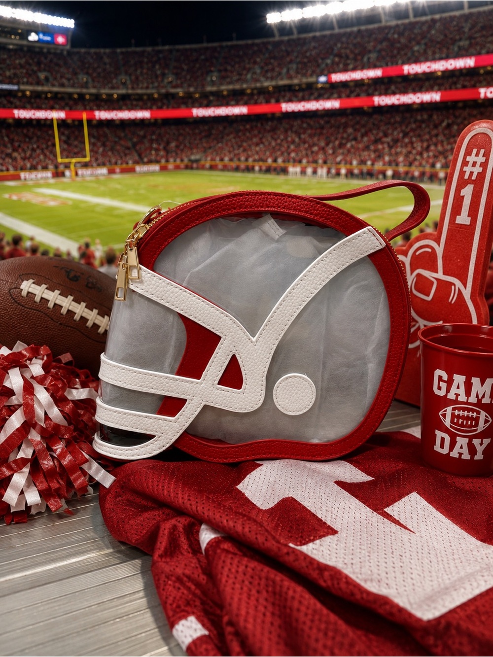 Clear Red & White Football Helmet Crossbody Bag